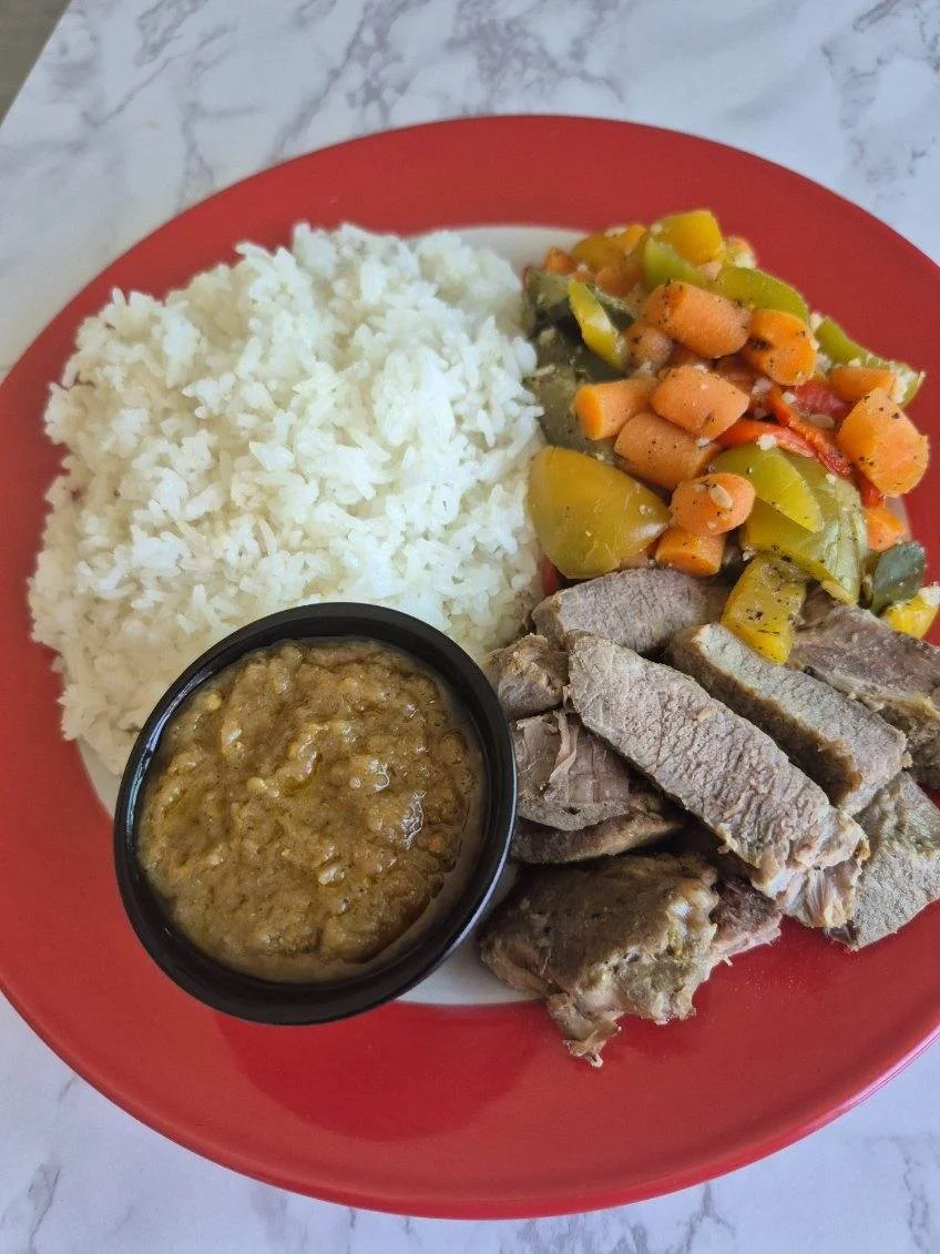 Steamed Lamb with Vegetables, Rice, Egg Plant Sauce