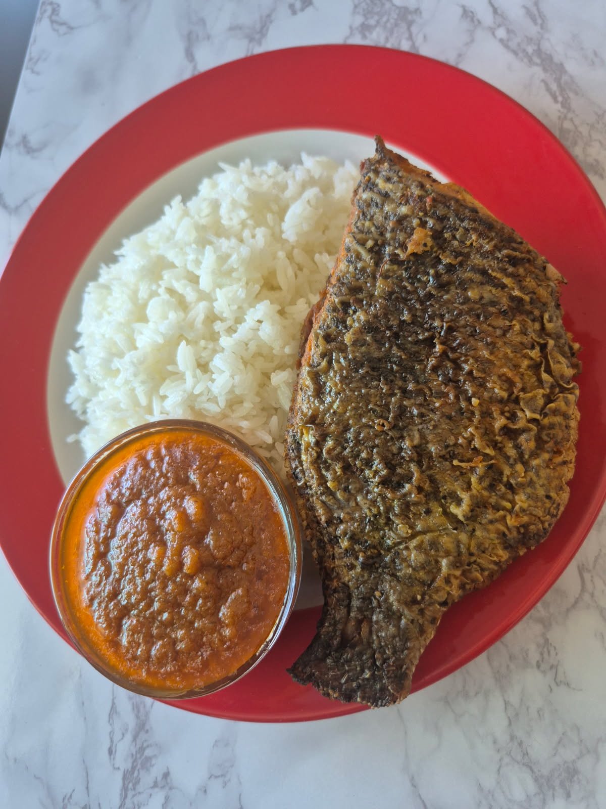 Steamed Rice with Fried Fish & Red Bell Pepper Sauce