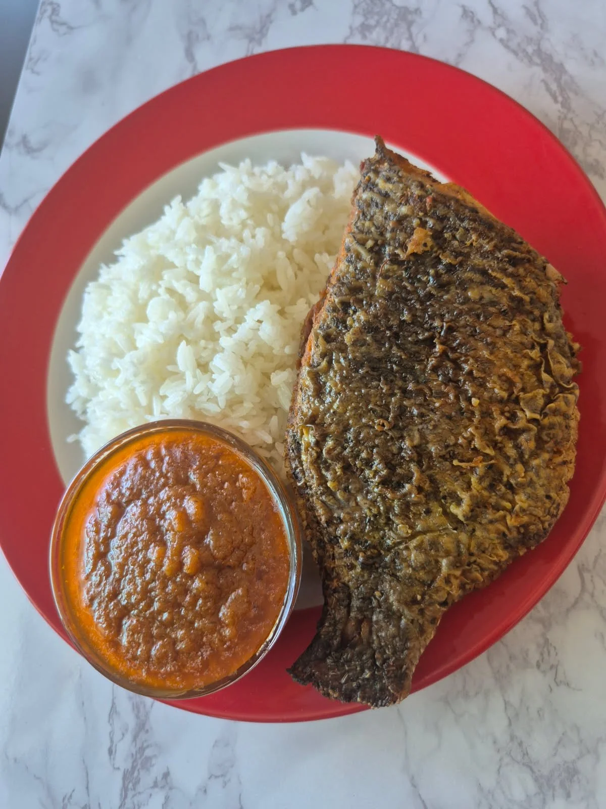 Steamed Rice with Fried Fish & Red Bell Pepper Sauce