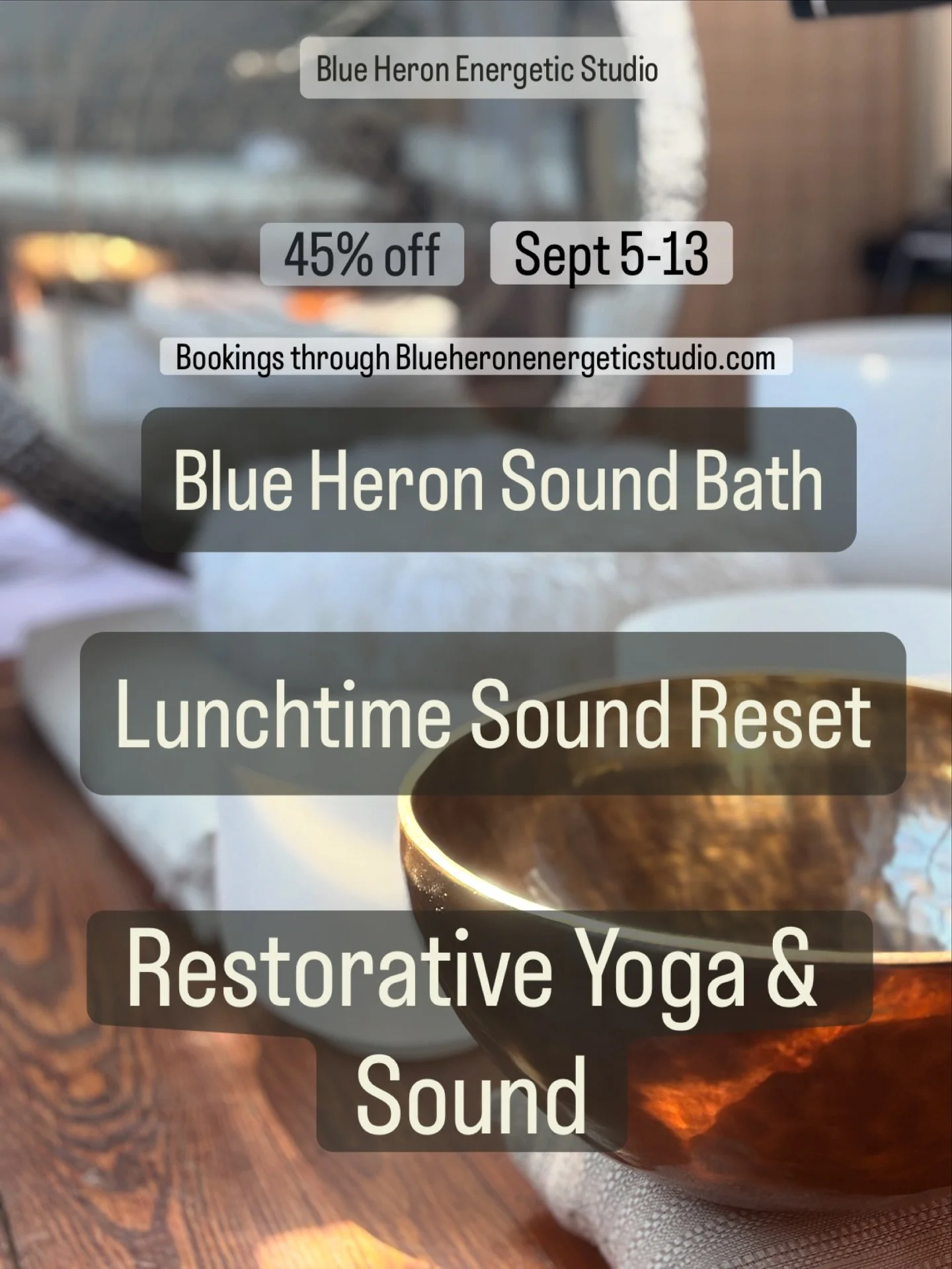 For the next week I&rsquo;ve decided to give out some great discounts on our sound experiences. 

45% off all Sound Experiences this week 

Sept 5-13th :) 

Sound Bath Reset - $15
Sound Bath | 1.5 hours $25
Restorative Yoga &amp; Sound | 2 hours - $2