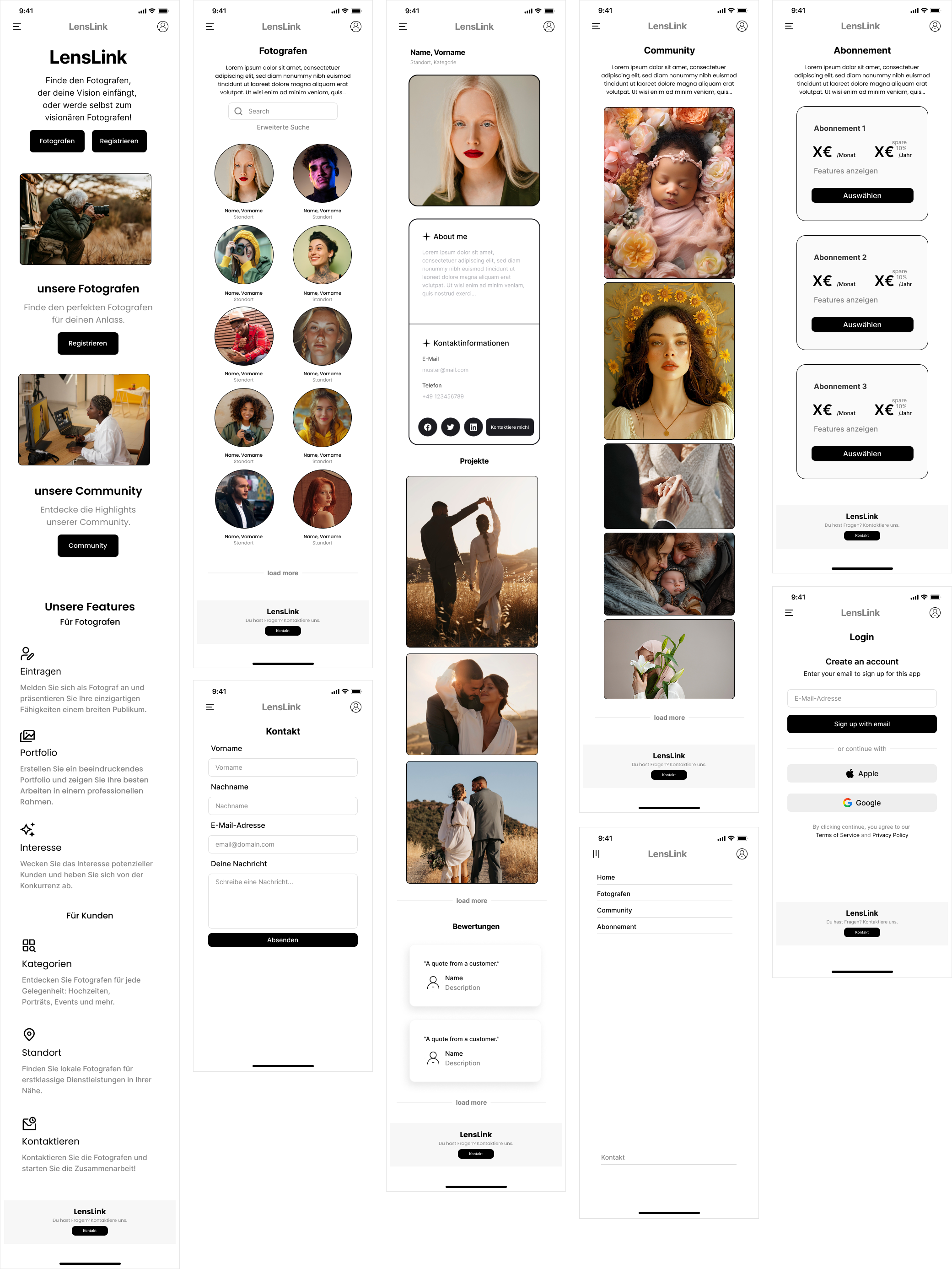 Mockup-Screens einer mobilen App namens "LensLink".