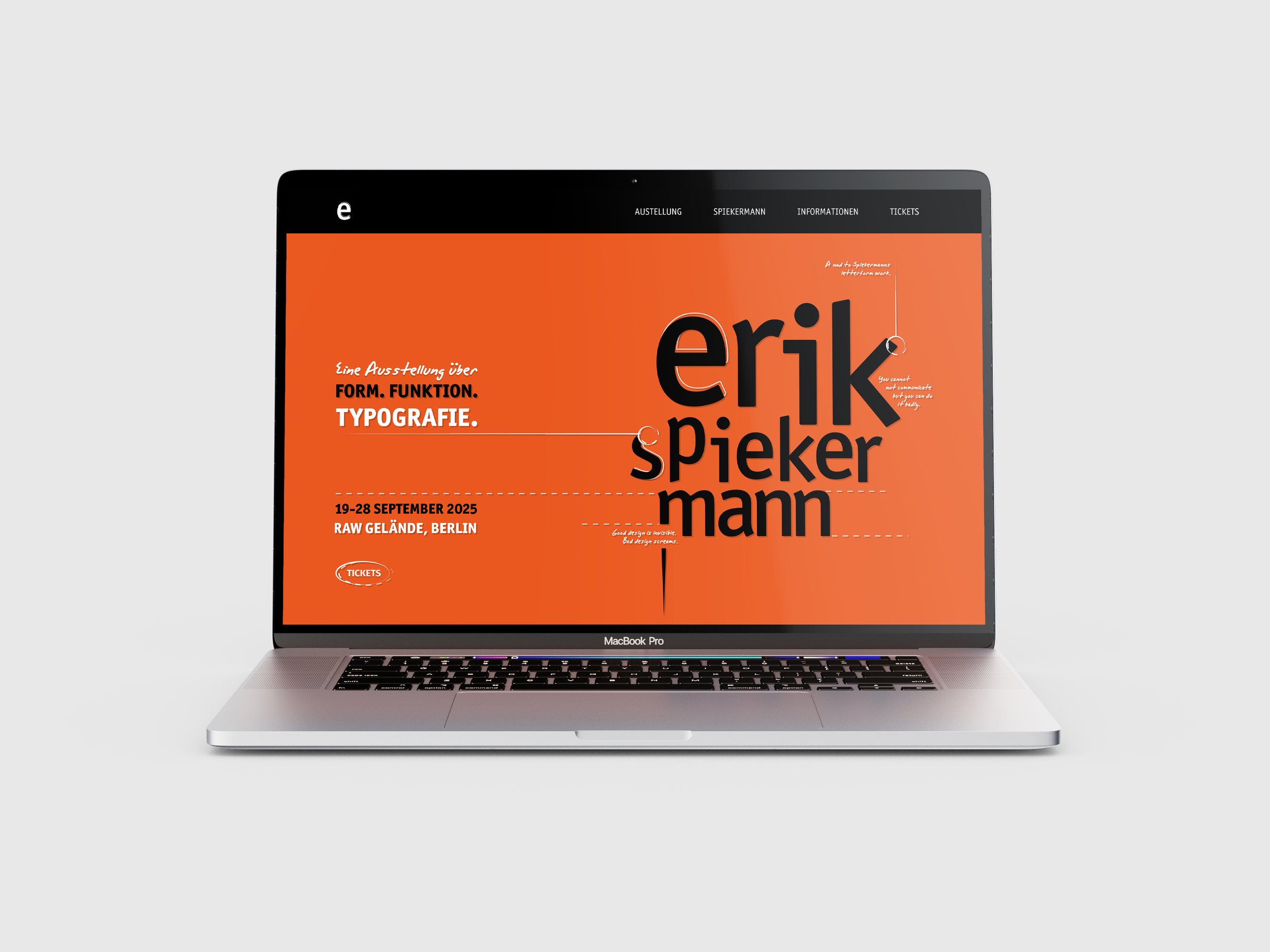 Laptop zeigt die Landing Page für eine Ausstellung von Erik Spiekermann, vom 19. bis 28. September 2025 in Berlin.
