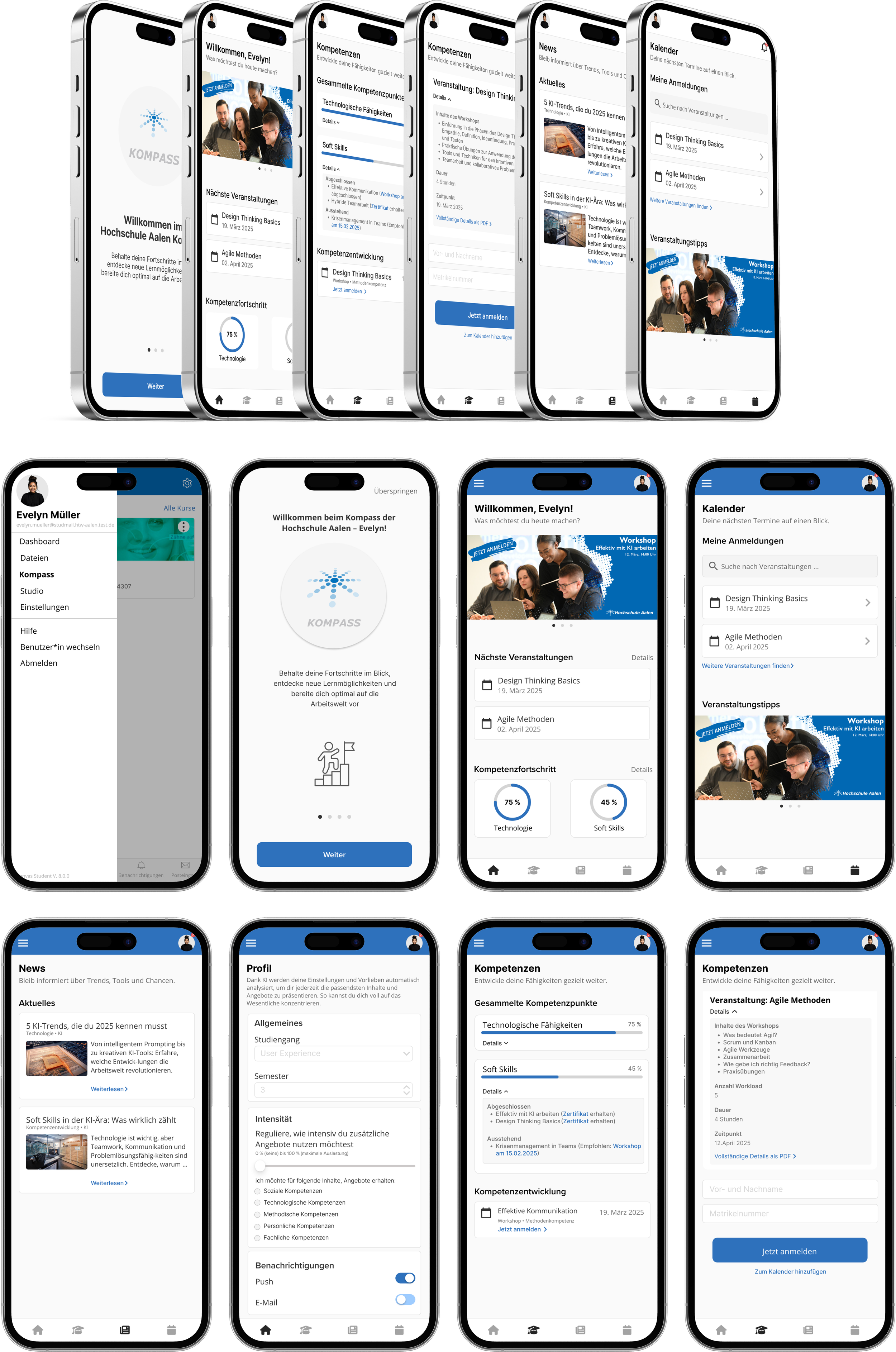 Eine Bildcollage mehrerer Smartphone-Bildschirme zeigt die Benutzeroberfläche einer Bildungs-App.