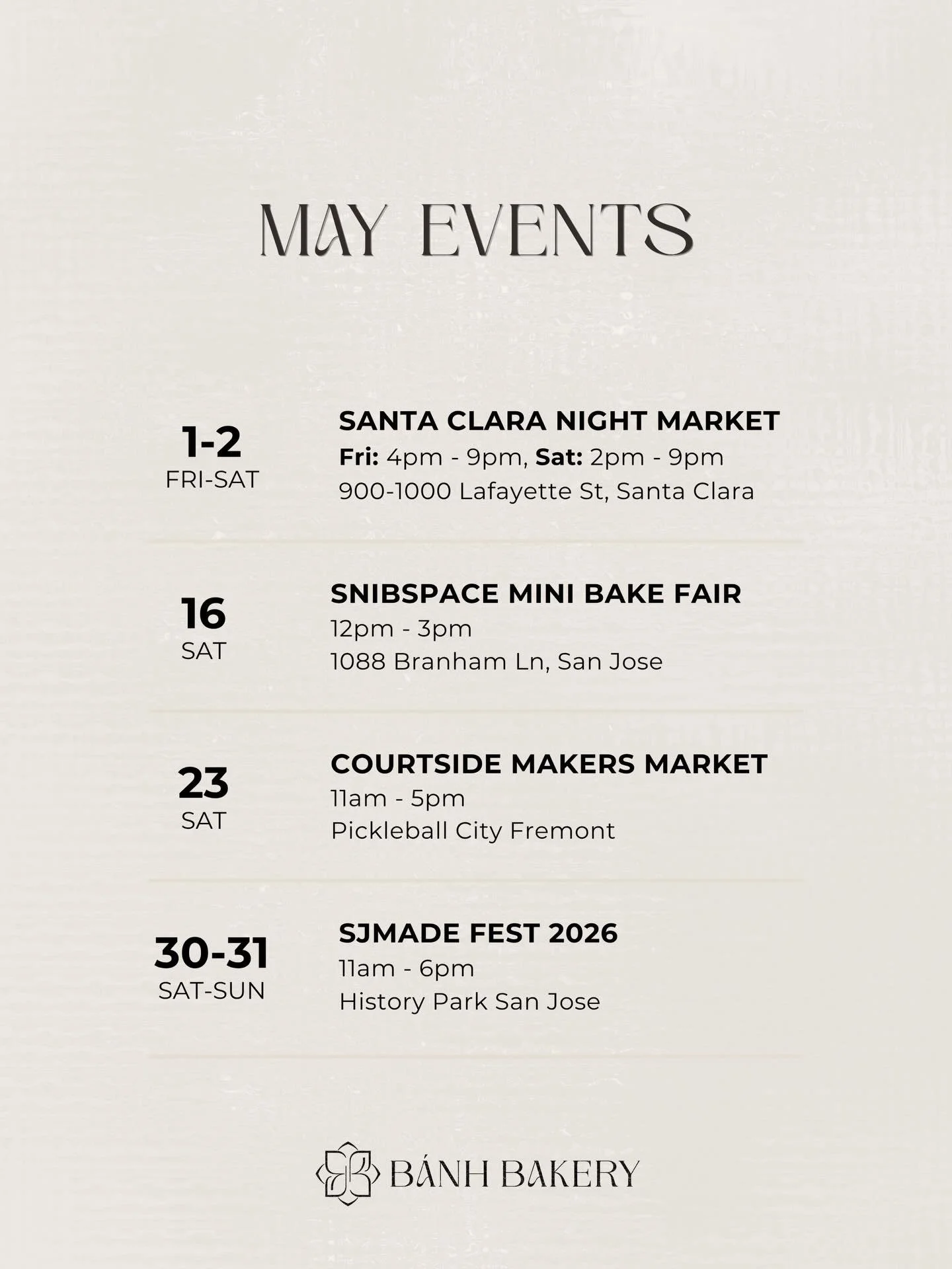 An exciting month ahead of us! We&rsquo;re doing two @sjmade events this month (wish us luck 😅) and are back again at @pickleballcityfremont! We&rsquo;re also popping up for the first time at @snibspace with other amazing bakers. Can&rsquo;t wait!

