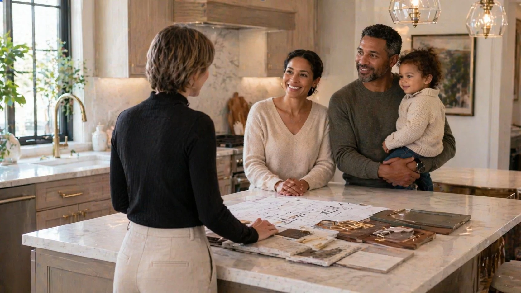 Interior designer thoughtfully planning a kitchen home renovation with a family showing samples, textures, and design layouts everyone smiling and happy