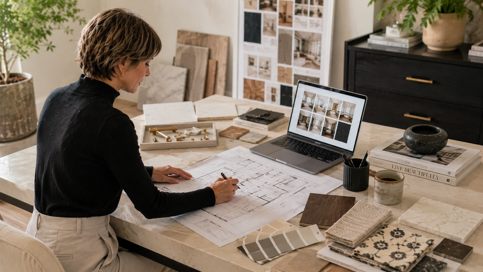 Interior designer reviewing floor plans and material samples at a workspace, planning a home renovation project
