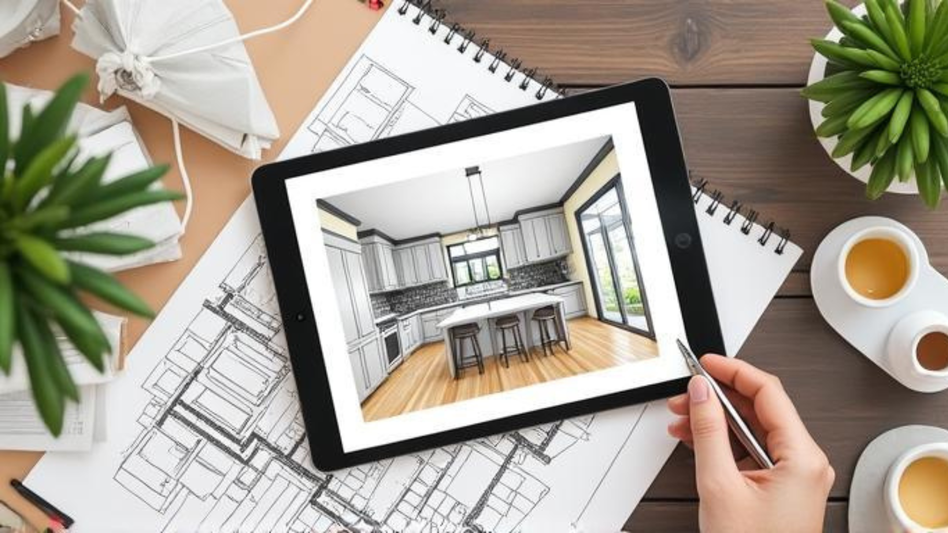 Interior designer reviewing kitchen renovation plans with clients  Kitchen remodel planning with design samples and layout drawings  Home renovation in progress with kitchen under construction  Temporary kitchen setup during home renovation