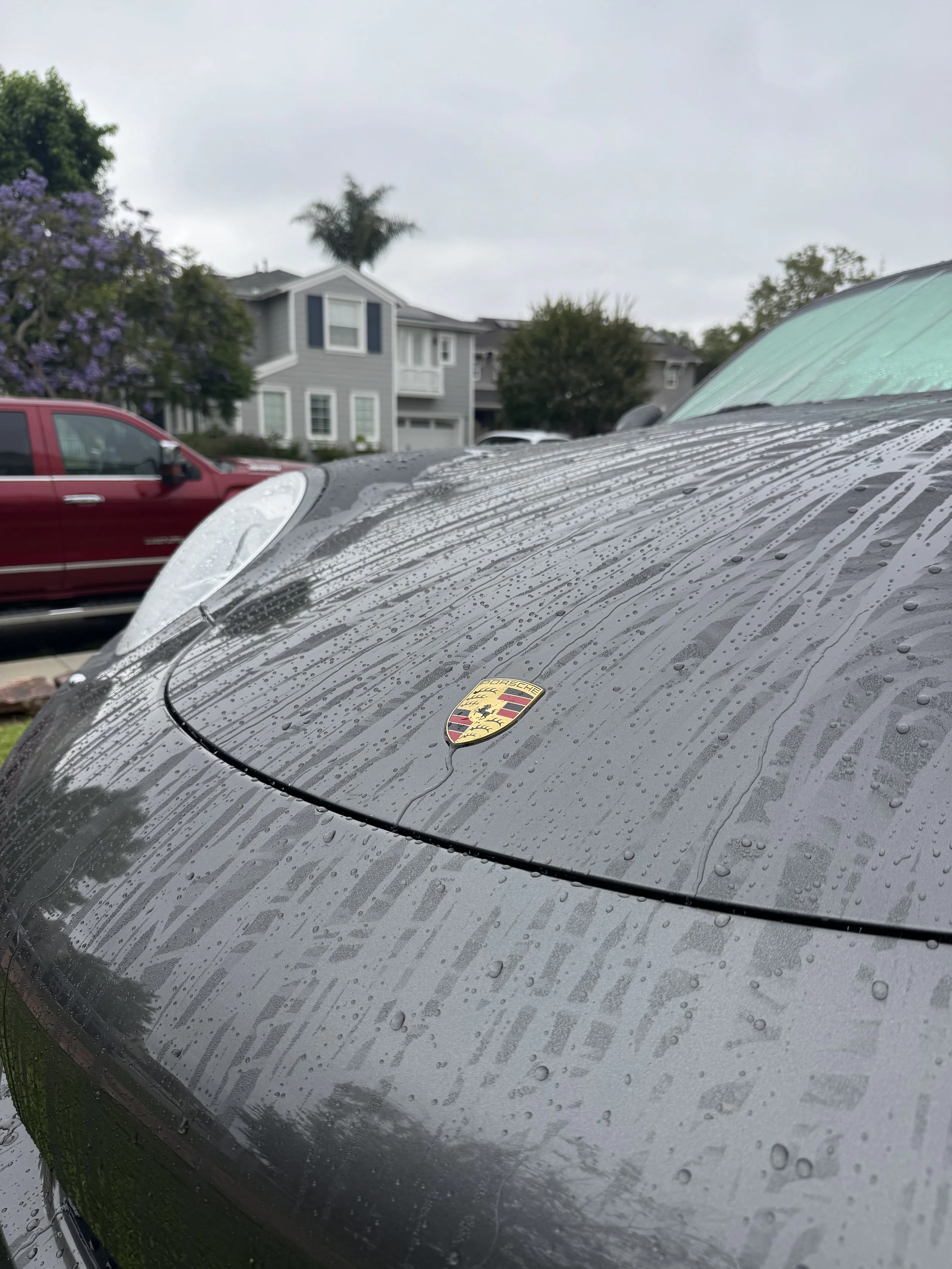 Close-up of a black Porsche with water droplets on its surface after rain, showing the Porsche emblem on the hood, with a gray house, trees, and an overcast sky in the background.