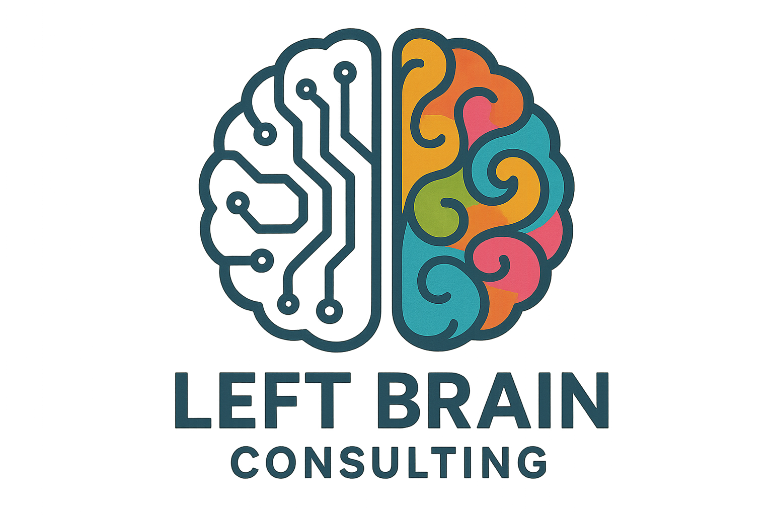 A logo featuring a stylized brain divided into two halves, with the left side depicted as a circuit board and the right side as colorful swirling clouds. Below the brain, the text reads "LEFT BRAIN CONSULTING."