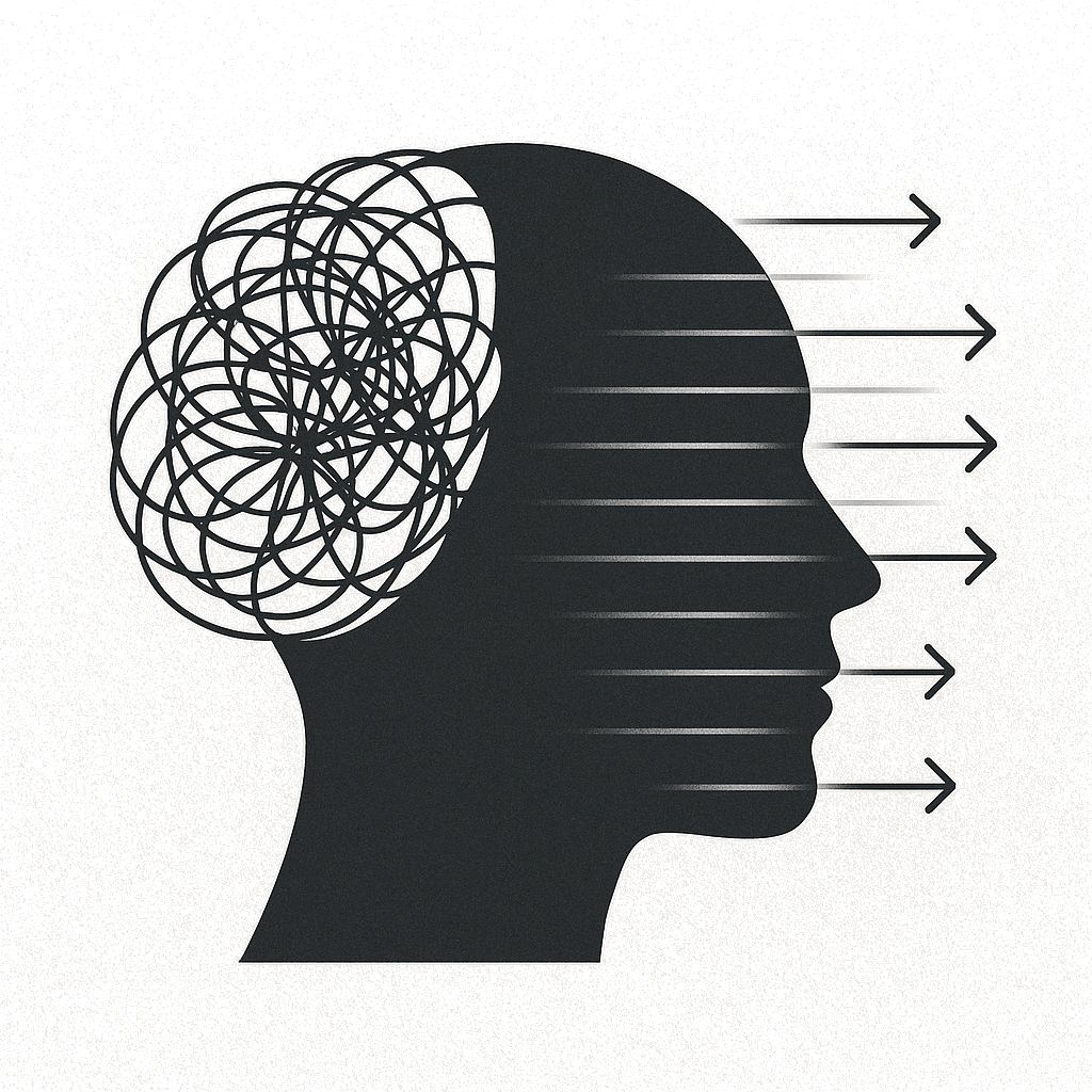 A silhouette of a human head with a tangled scribble inside representing a chaotic mind, and arrows pointing outward indicating thoughts or ideas.