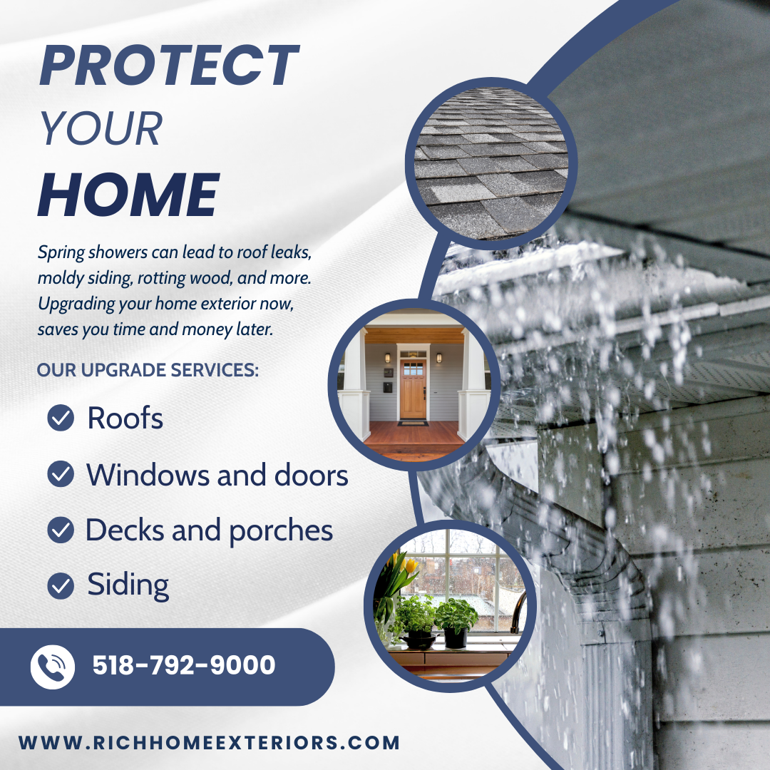 Protect Your Home flyer by Rich Home Exteriors, featuring services like roofing, windows and doors, decks and porches, and siding. Image includes a house exterior, shingles, and contact details with phone number 518-792-9000.