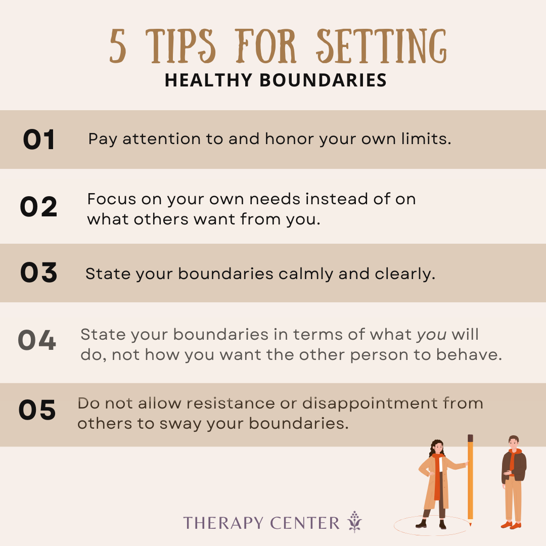 Infographic titled "5 Tips for Setting Healthy Boundaries" with advice: 1. Honor your limits. 2. Focus on your needs. 3. Set boundaries calmly. 4. Define actions you'll take. 5. Resist external pressure. Includes cartoon people and "Therapy Center" logo.