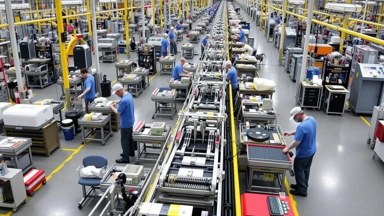 Workers in blue shirts and white caps assembling electronic components on production lines in an industrial factory.