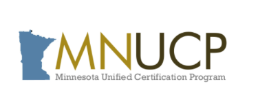 Logo of Minnesota Unified Certification Program with a blue outline of Minnesota and gold and black text.