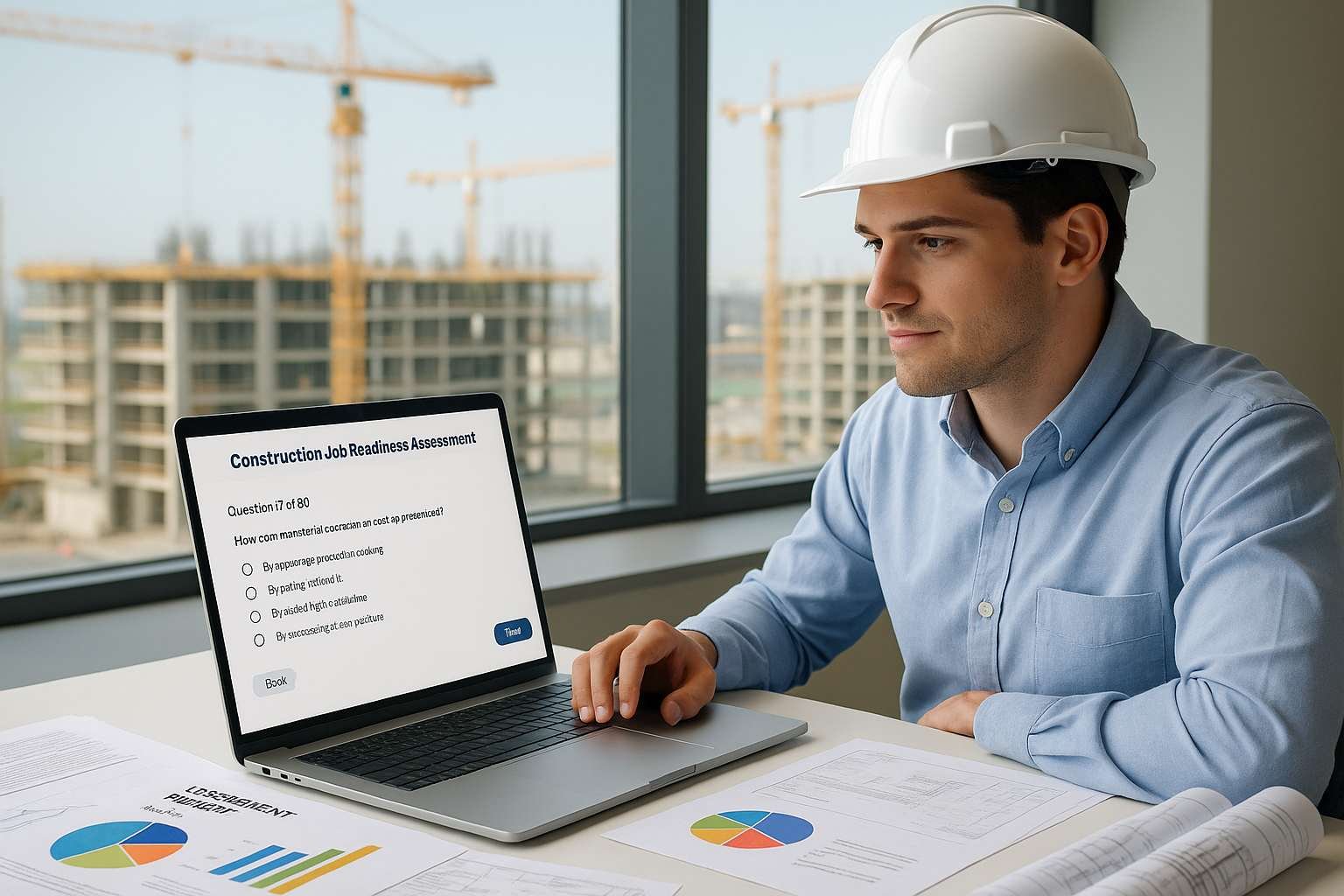 A man wearing a hard hat sitting at a desk with construction plans and a laptop with a construction job readiness assessment on the screen. Construction site with cranes is visible outside the window.