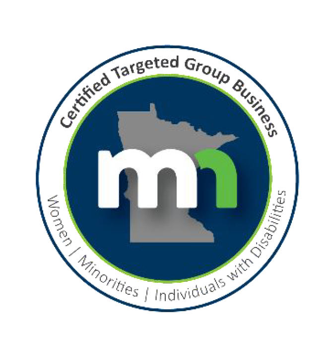 Seal for Certified Targeted Group Business for Women, Minorities, and Individuals with Disabilities, featuring a map of Minnesota with stylized letters 'm' and 'i'.