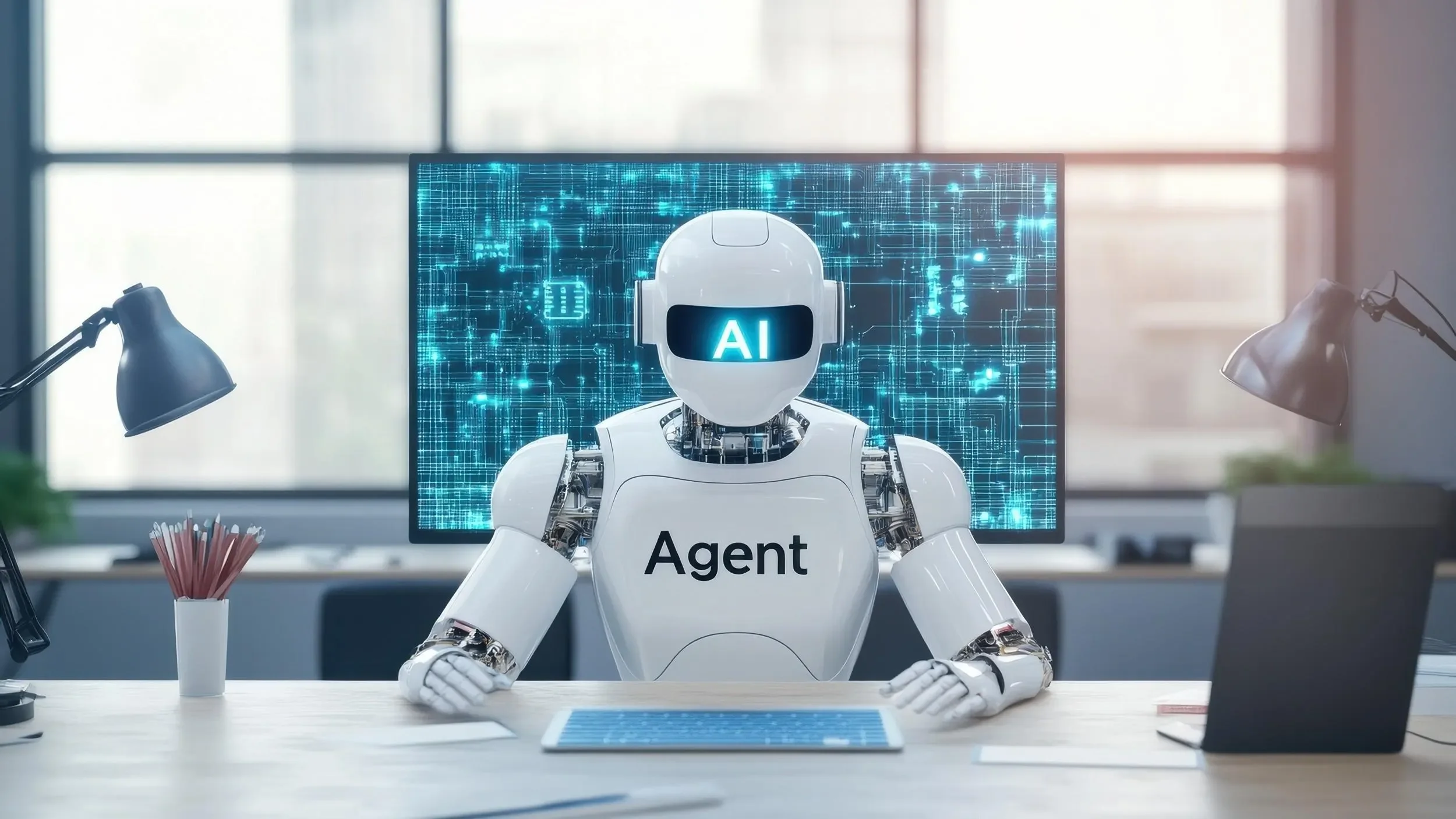 A humanoid robot with a white and silver body sitting at a desk in front of a computer monitor displaying the word 'AI'. The robot has 'Agent' written on its chest and is in an office environment.