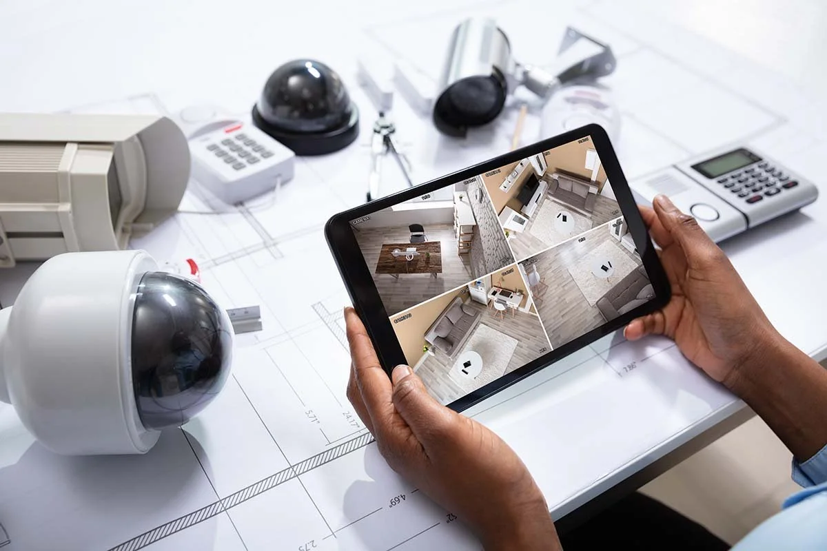 Person holding a tablet displaying a real estate floor plan, with a background of security cameras, a calculator, and planning documents on a table.