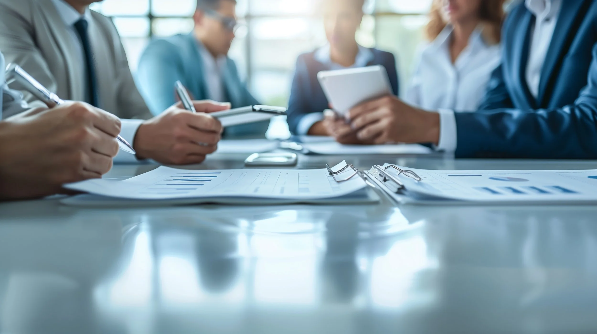 Business professionals in suits and business attire sitting around a table in a meeting, with documents and electronic devices such as tablets and smartphones.