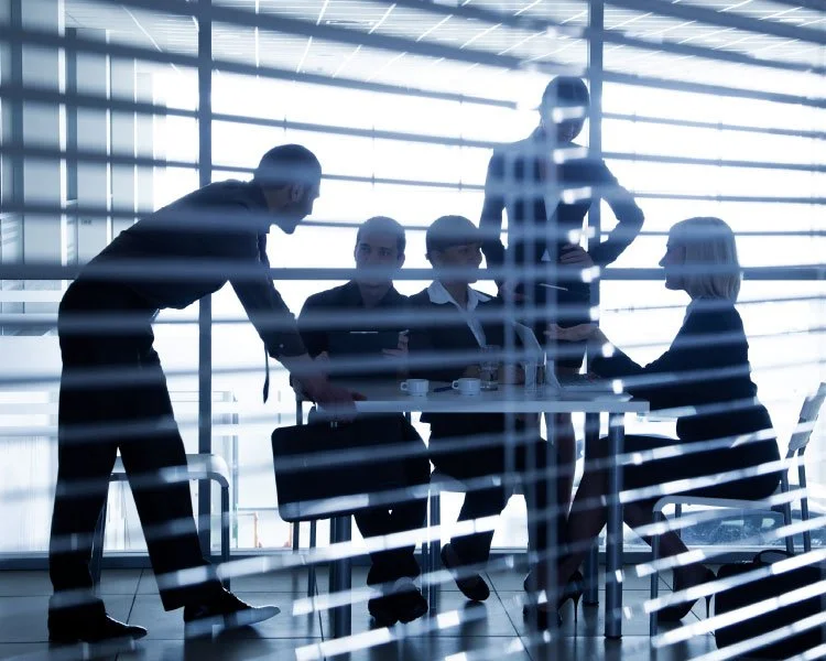 Business people having a meeting in a modern conference room with blinds