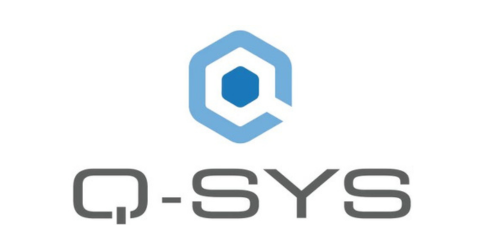 Q-SYS logo with a blue hexagon icon and gray text.
