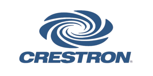 Crestron logo with a swirling blue vortex and the company name in bold blue letters