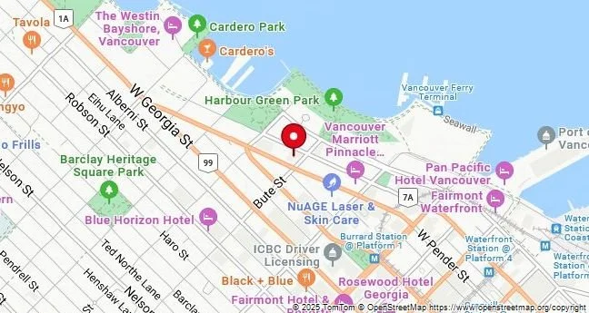 Map of Vancouver, showing key locations such as Vancouver Marriott Pinnacle, Pan Pacific Hotel Vancouver, Fairmont Waterfront, Blue Horizon Hotel, and Vancouver Ferry Terminal, along with parks like Harbour Green Park and Barclay Heritage Square Park.