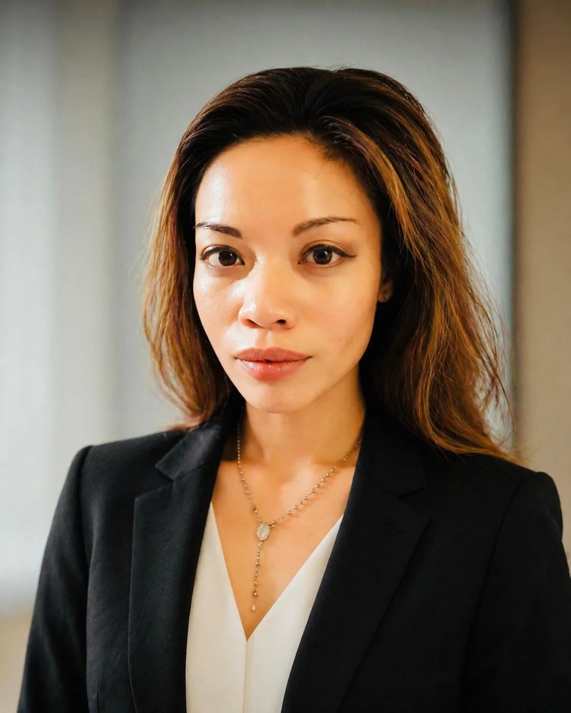 A professional woman with short dark hair smiling at the camera, wearing a black blazer, white shirt, and earrings, against a plain light-colored background.