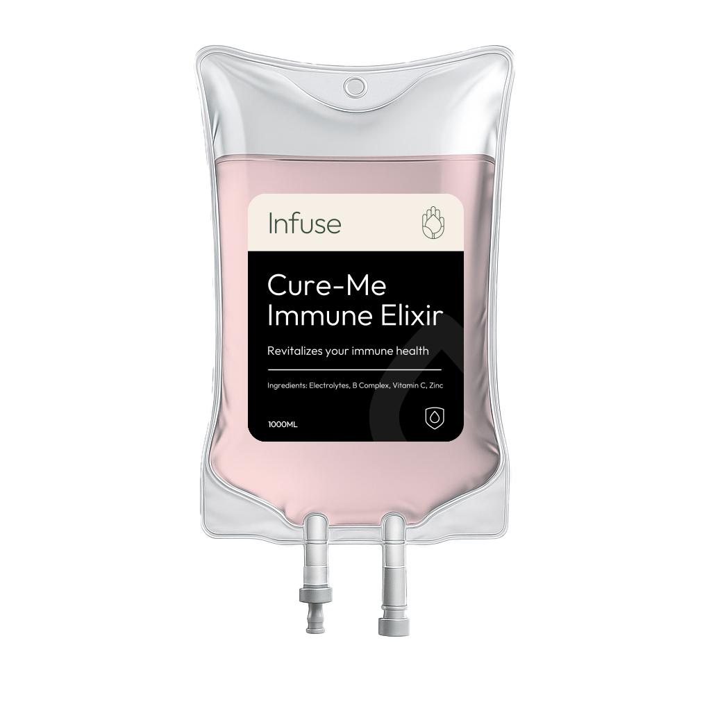 A pink liquid in a transparent IV bag labeled 'Cure-Me Immune Elixir' with ingredients listed, connected to two tubing attachments, set against a dark background.
