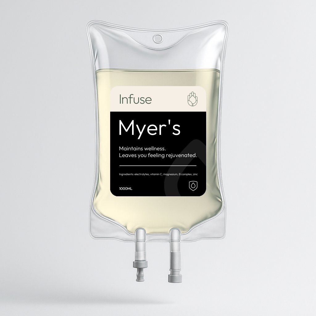 A clear IV bag filled with a yellowish liquid, labeled "Myer's" with text indicating it maintains wellness and leaves you feeling rejuvenated.