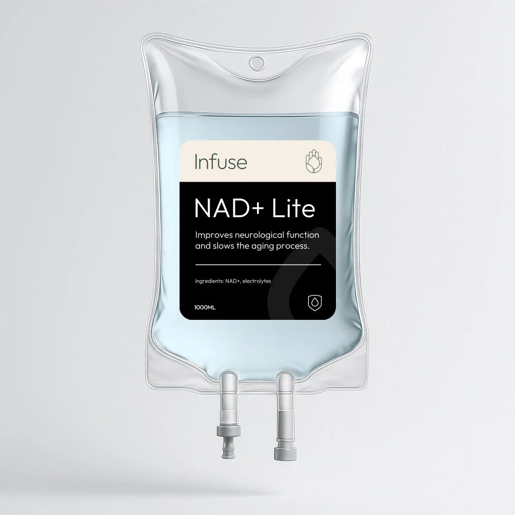 A clear IV bag labeled 'NAD+ Lite' containing a light blue liquid, with a label indicating it helps improve neurological function and slow aging, with ingredients listed as NAD+ and electrolytes.