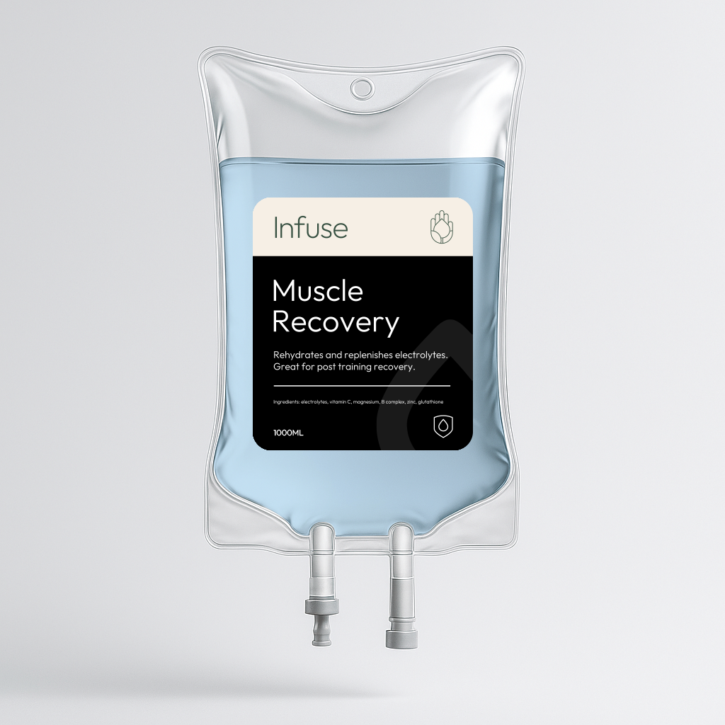 A medical IV bag labeled 'Muscle Recovery' with a brand called 'Infuse,' containing blue liquid, designed for post-training hydration and replenishing electrolytes.