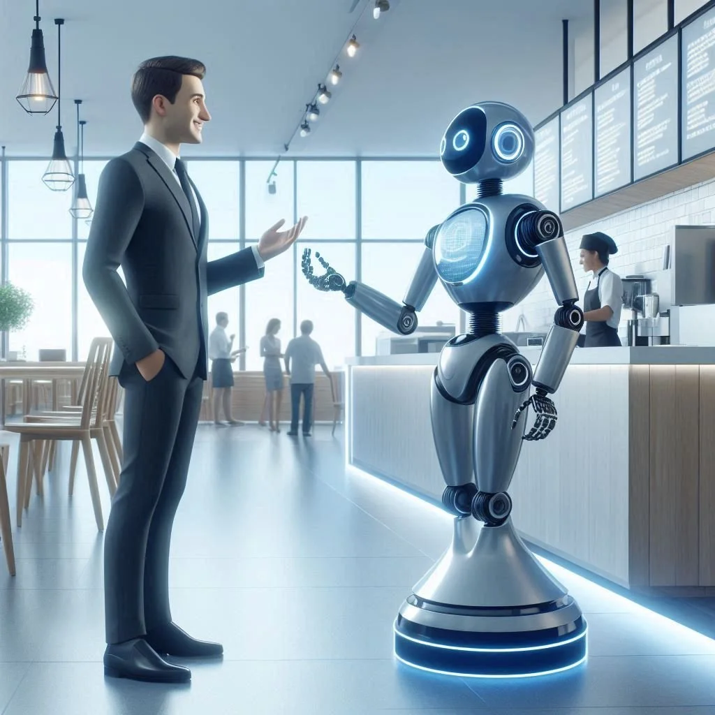 A man in a suit speaking to a humanoid robot in a modern cafe with large windows, menu screens, and a barista in the background.