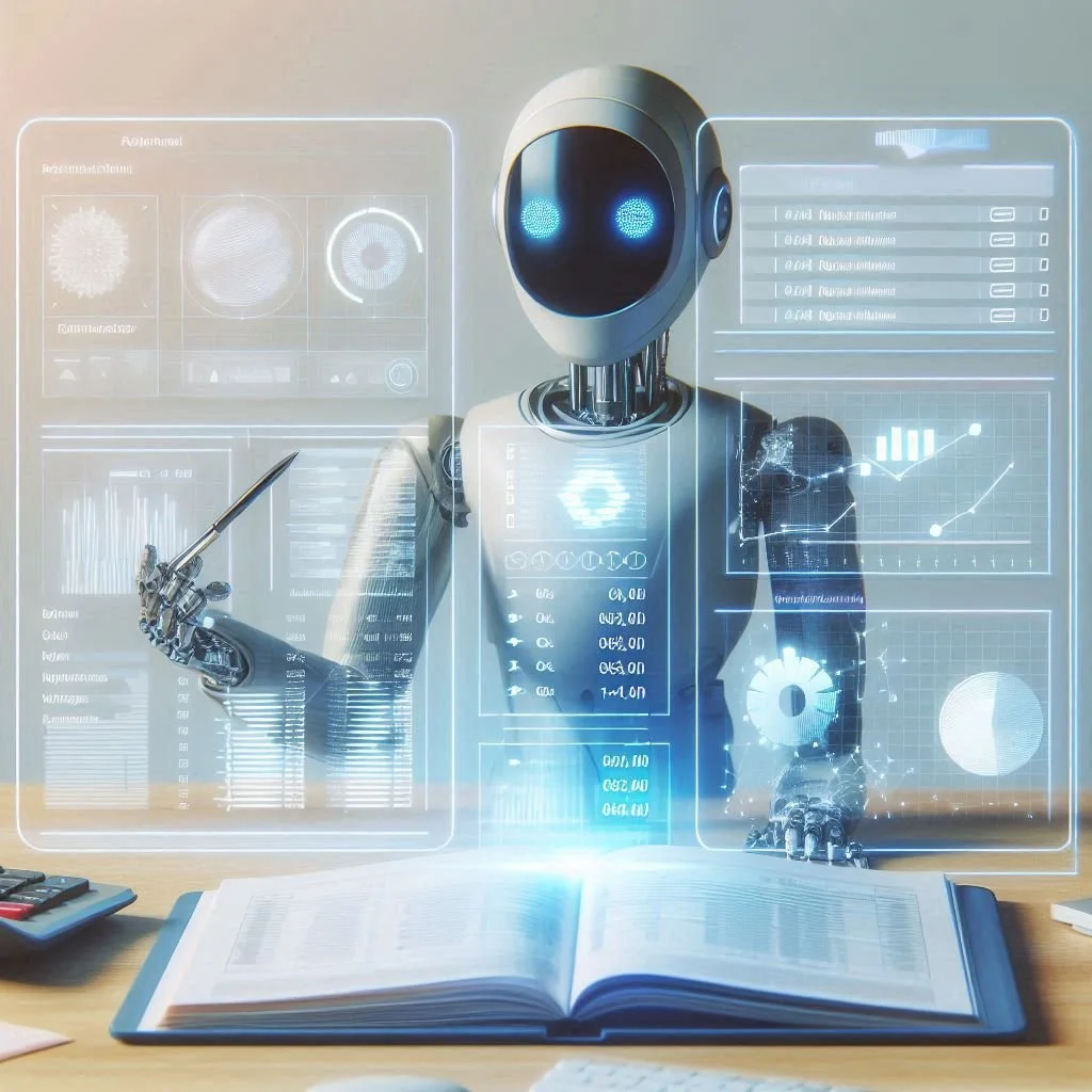 A humanoid robot with blue glowing eyes and a dark faceplate is working at a desk with holographic digital displays, an open book, a calculator, and documents representing intelligent automation bots that improve finance teams tasks.