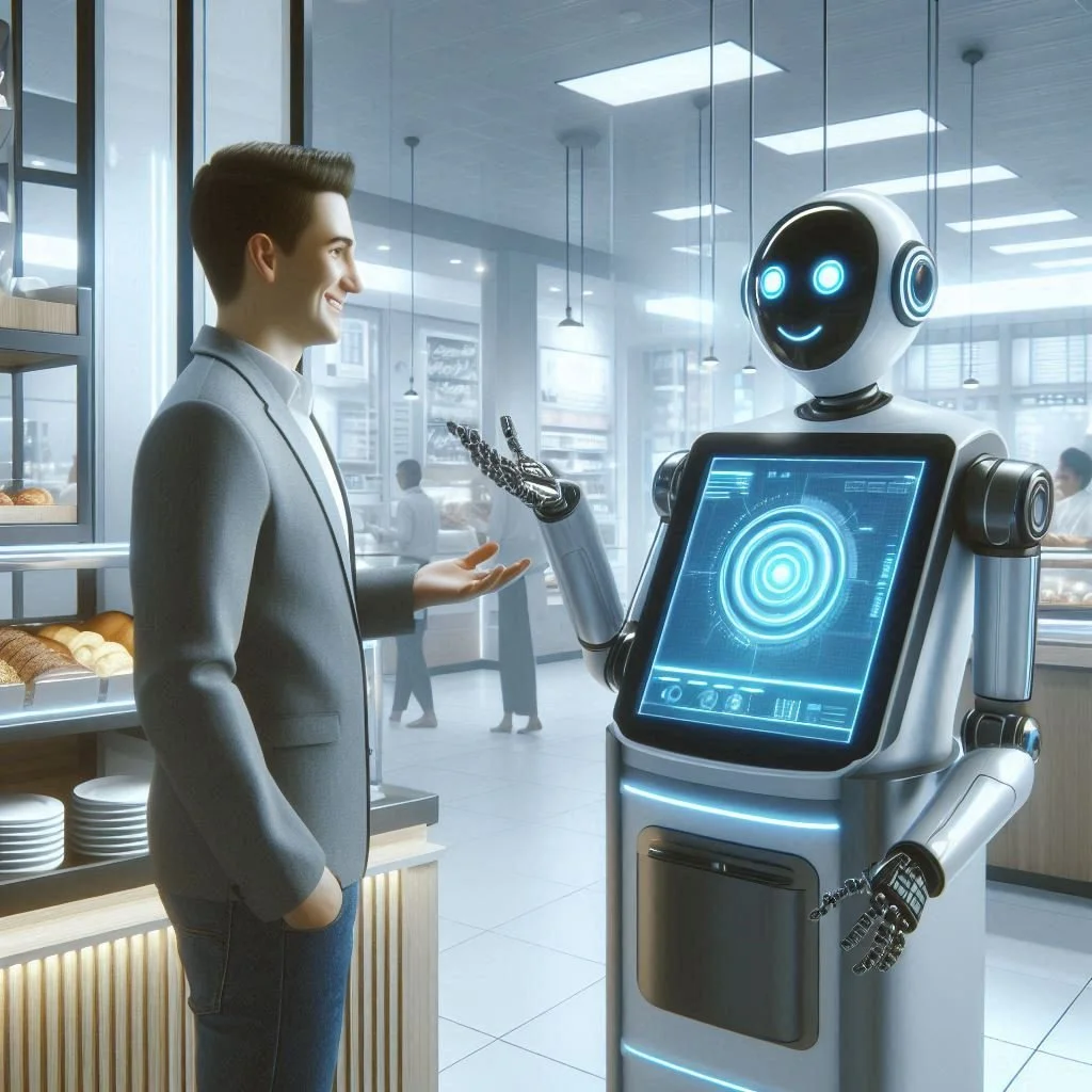 A young man in a gray blazer conversing with a humanoid robot with a digital screen on its chest inside a modern, well-lit café to reflect to reflect the robotic assistants for tasks like delivery, cleaning and customer engagement.