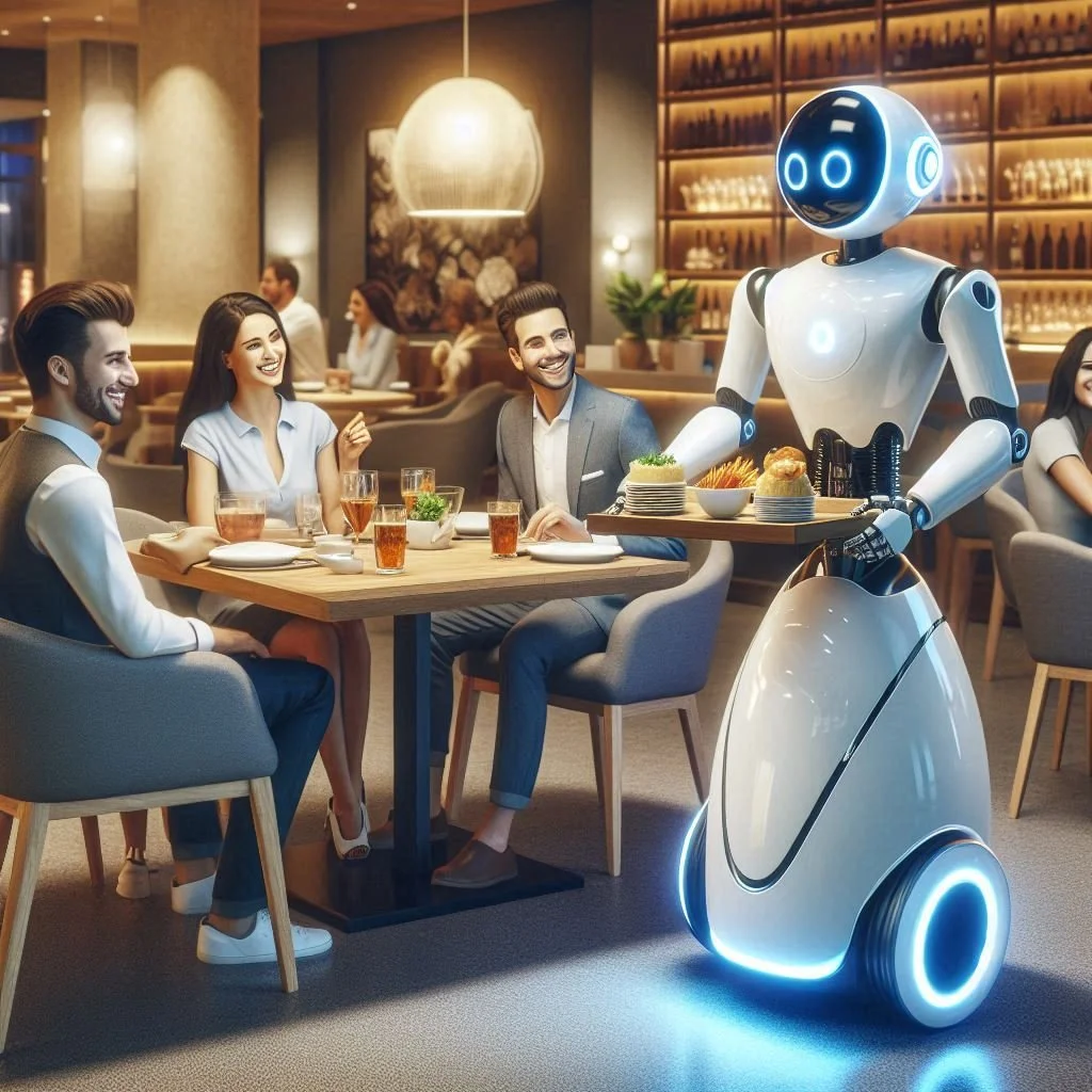 A humanoid service robot serving food to a group of smiling friends at a restaurant table.