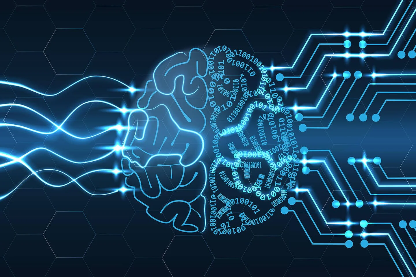 Illustration of a digital brain with flowing data and circuit lines, symbolizing artificial intelligence for smarter business.