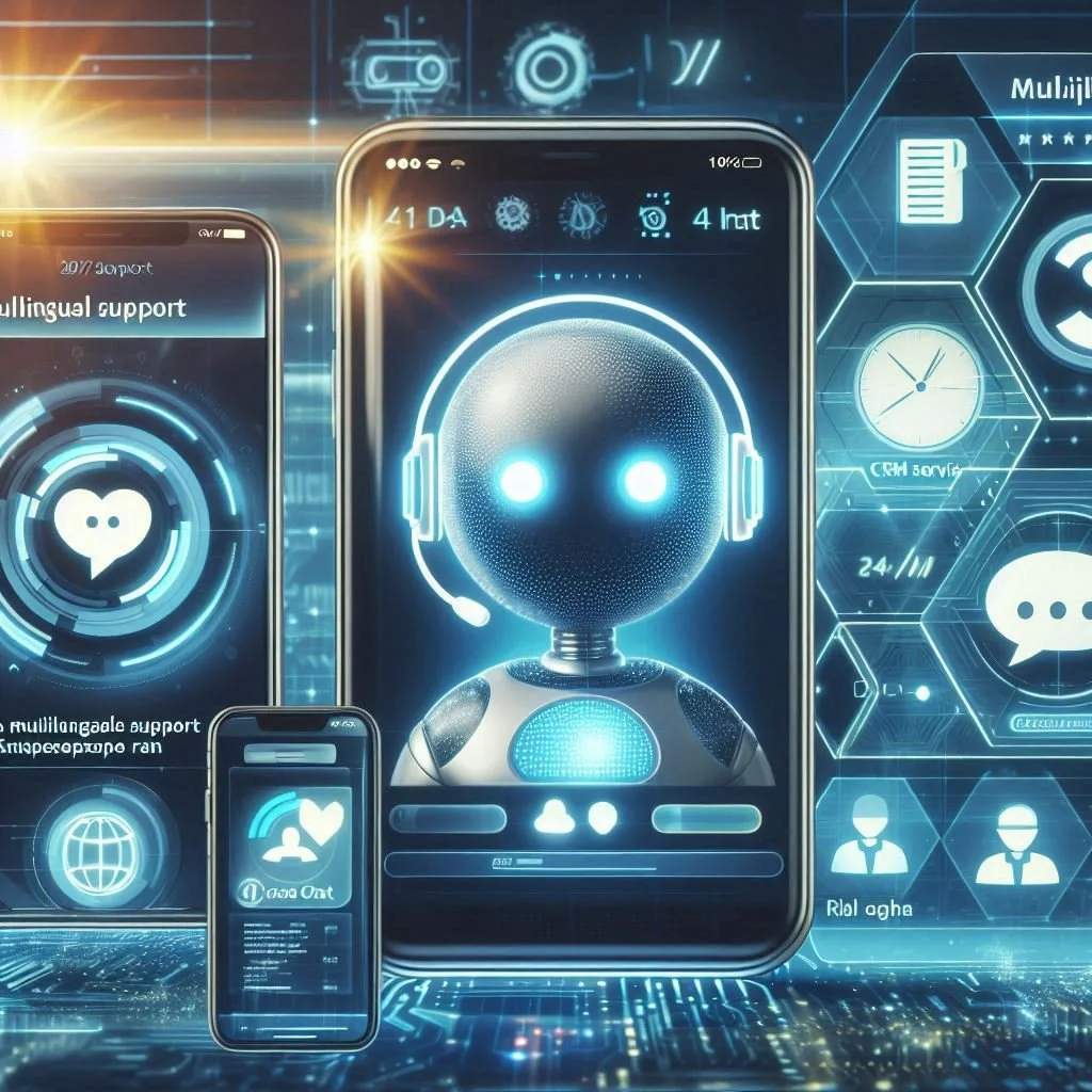 Digital assistant in a smartphone with AI and code background, providing customer service using automation.