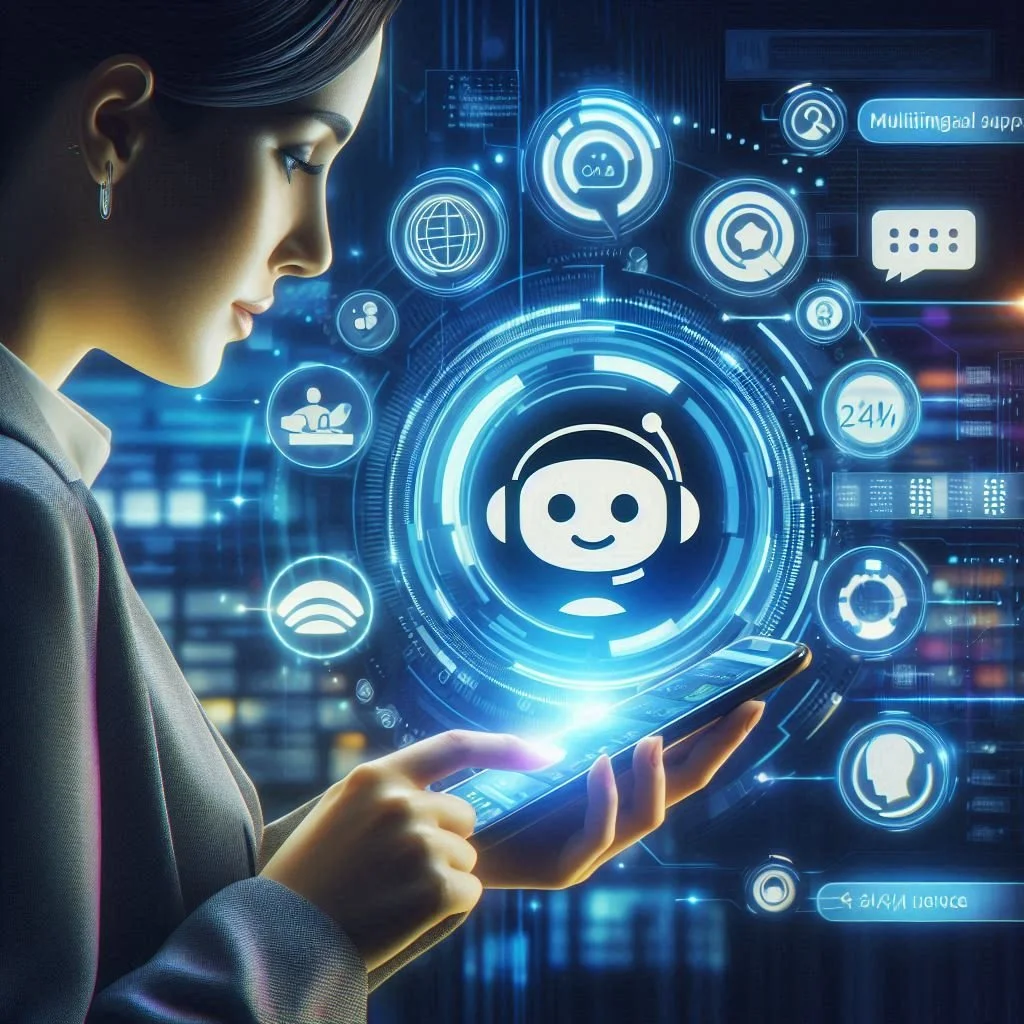 A woman in a business suit interacts with a holographic interface on her smartphone, featuring icons related to artificial intelligence, chatbots, and digital communication part of our automated interactions with virtual agents.