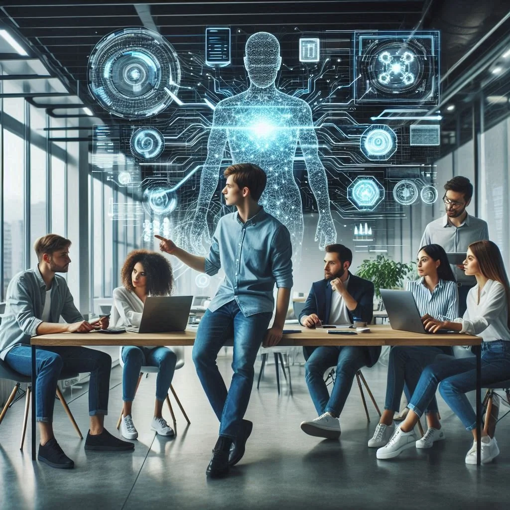 A group of young professionals in a modern office engaged in a presentation about making AI approachable and impactful for business of every size, with holographic digital interfaces and a large hologram of a human figure in the background.