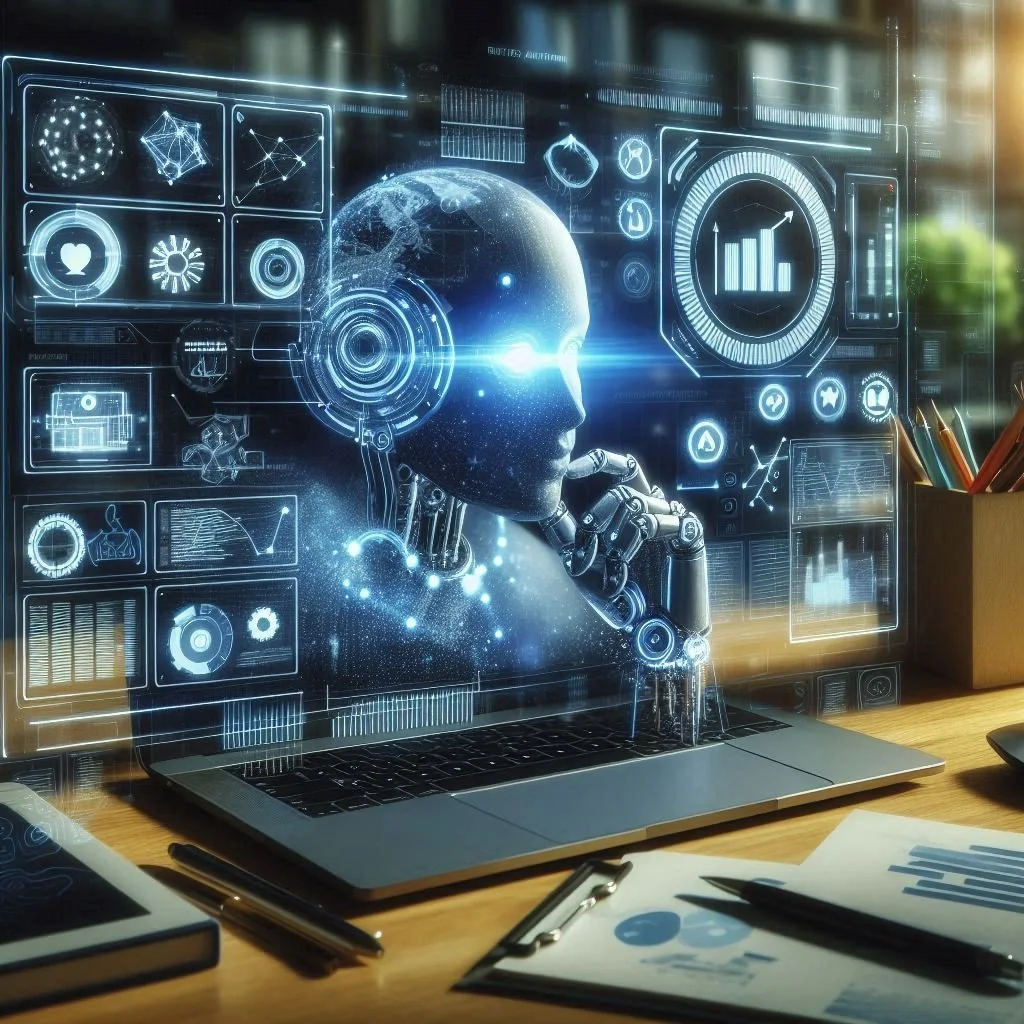 A futuristic digital interface with a robotic human profile, data charts, and holographic displays projected from a laptop representing digital commerce automations for cart recovery emails, product recommendations and order updates.