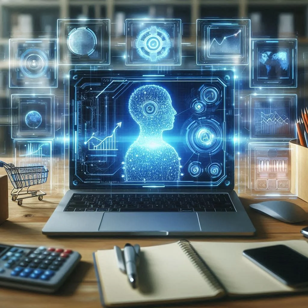 Futuristic digital representation of a human profile on a computer screen, with surrounding icons and graphs related to artificial intelligence, data analysis, and technology representing intelligent automations to automate repetitive workflows.