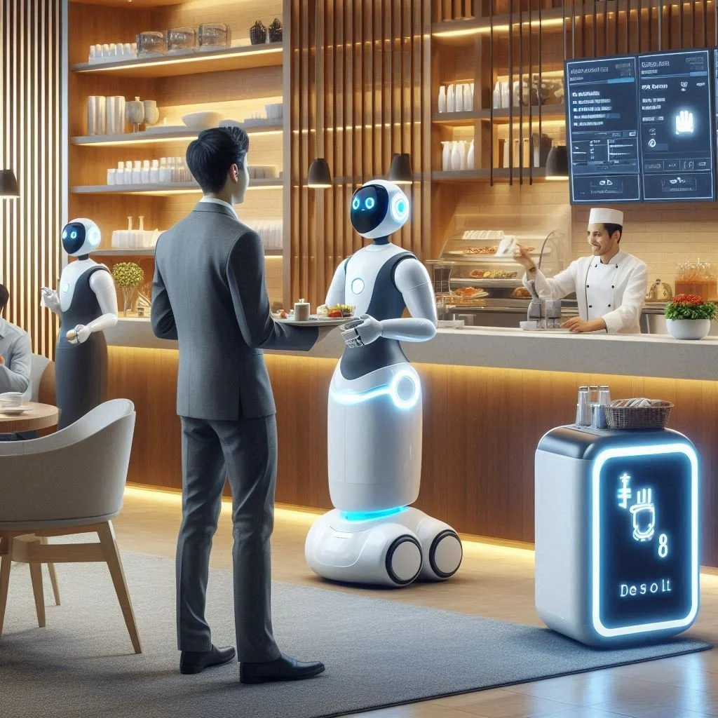 Futuristic restaurant with digital displays, chefs, diners, and AI service robots, greeting robots providing better experiences to guests.