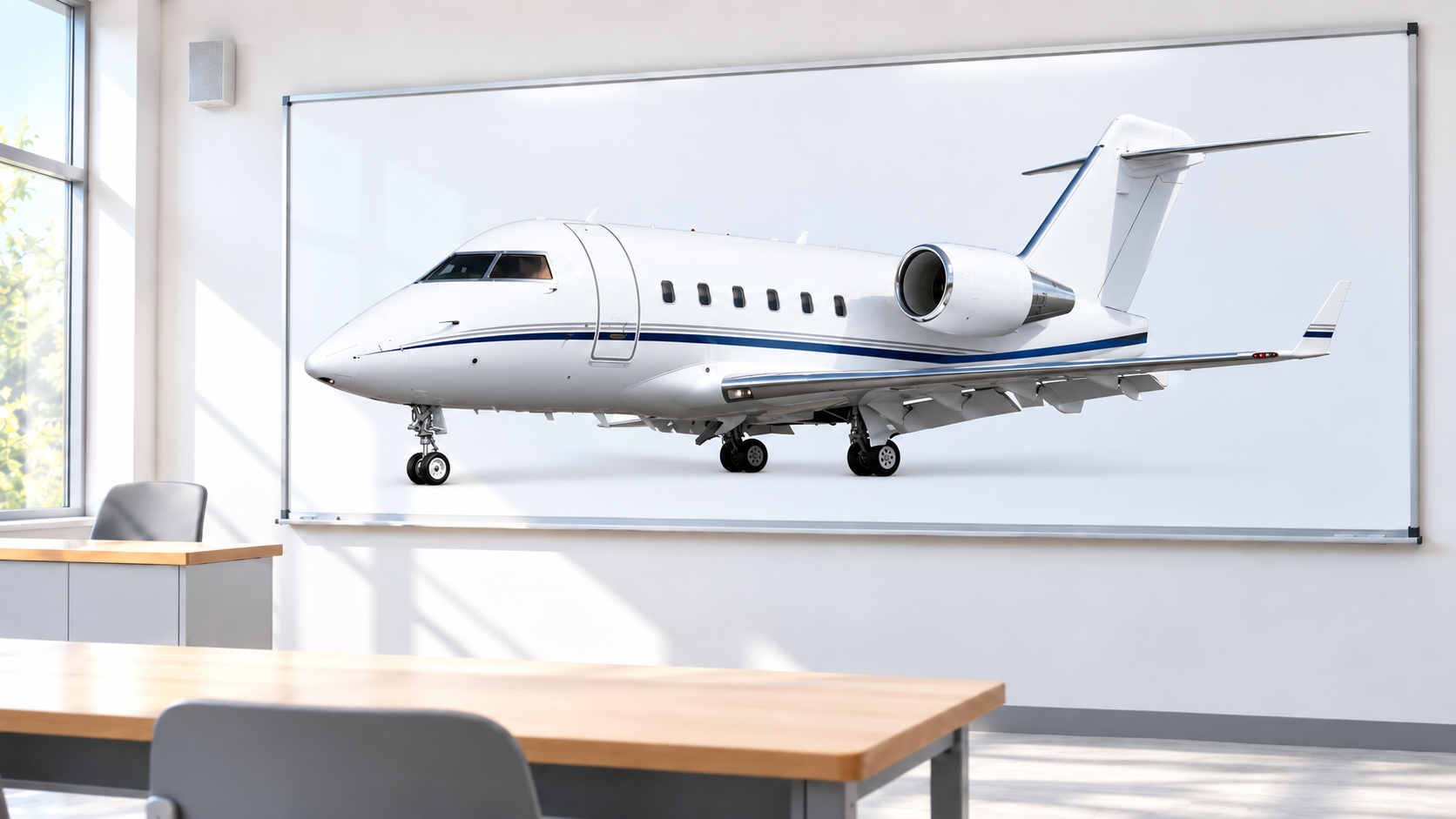 Model of a private jet airplane displayed in a classroom or conference room with whiteboard, chairs, and tables.