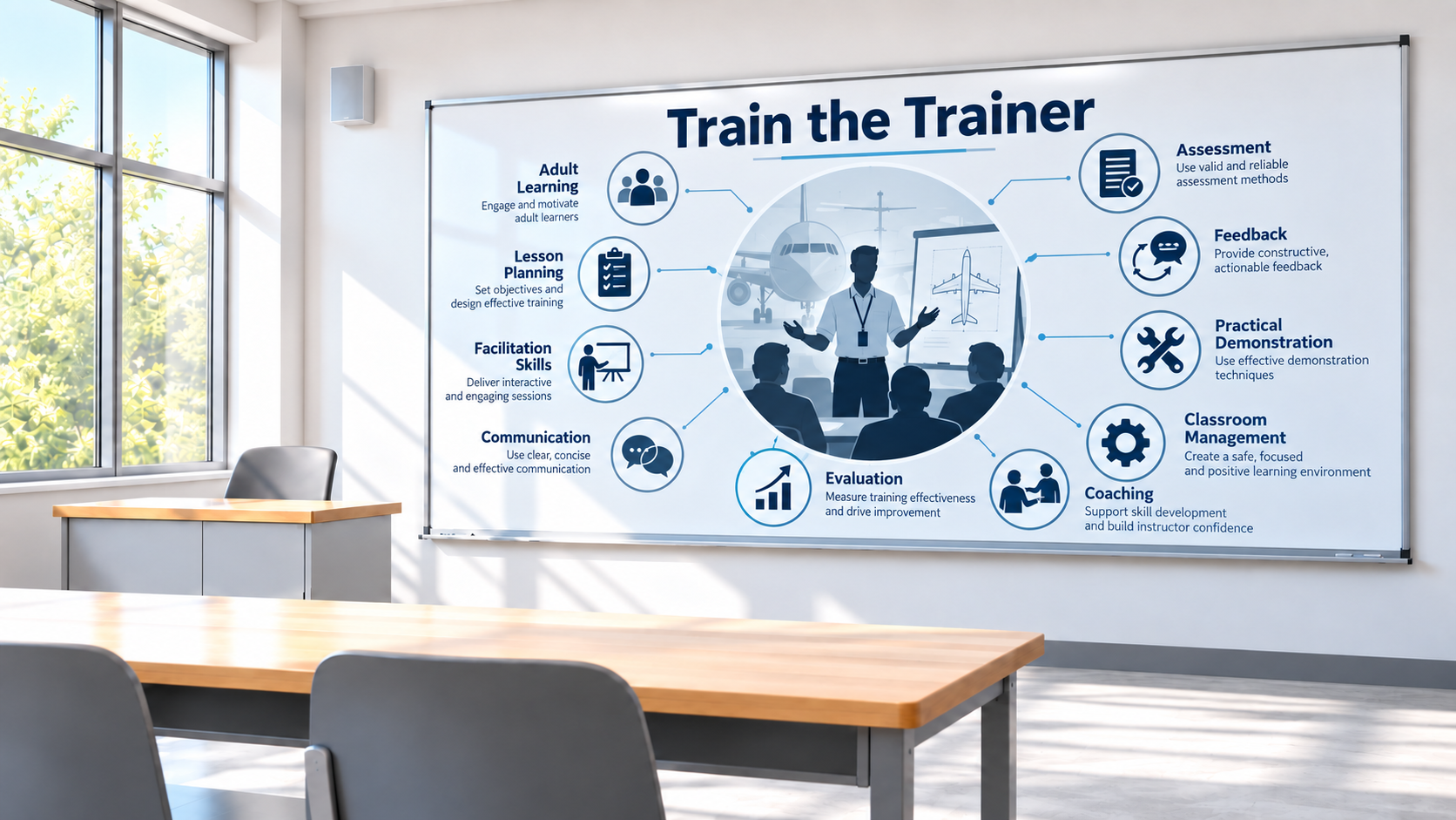 A classroom with a large whiteboard displaying a training guide titled 'Train the Trainer,' including icons and instructions on adult learning, lesson planning, facilitation skills, communication, evaluation, assessment, feedback, practical demonstration, classroom management, and coaching. The classroom has sunlight coming through large windows, with a wooden table and chairs.