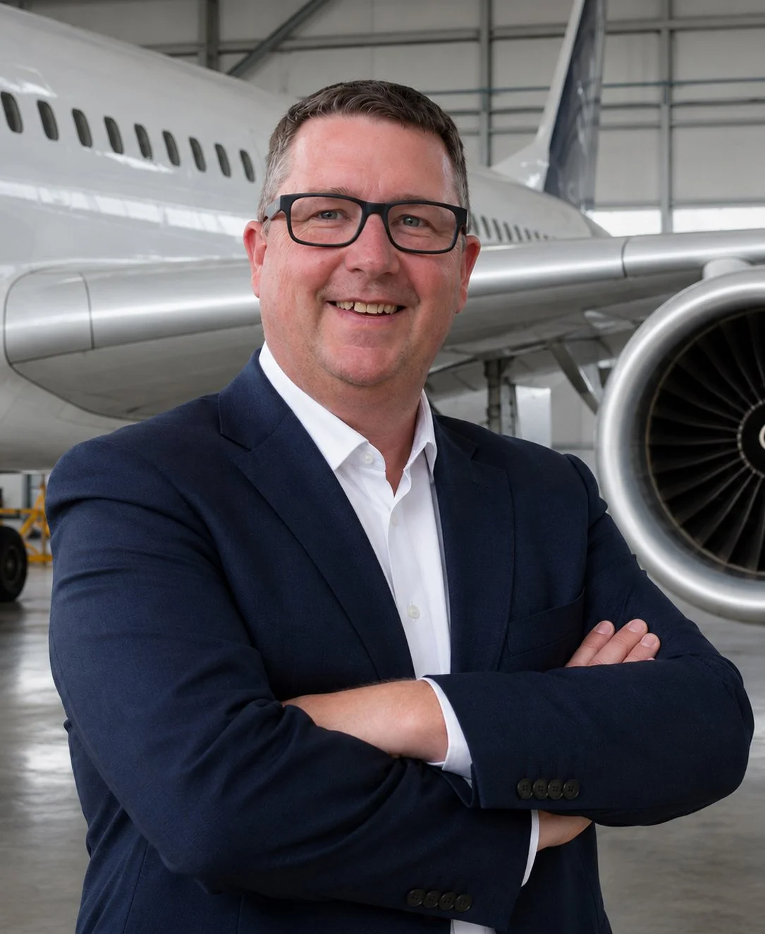 Man in glasses wearing a navy suit with crossed arms standing in front of an airplane inside a hangar.