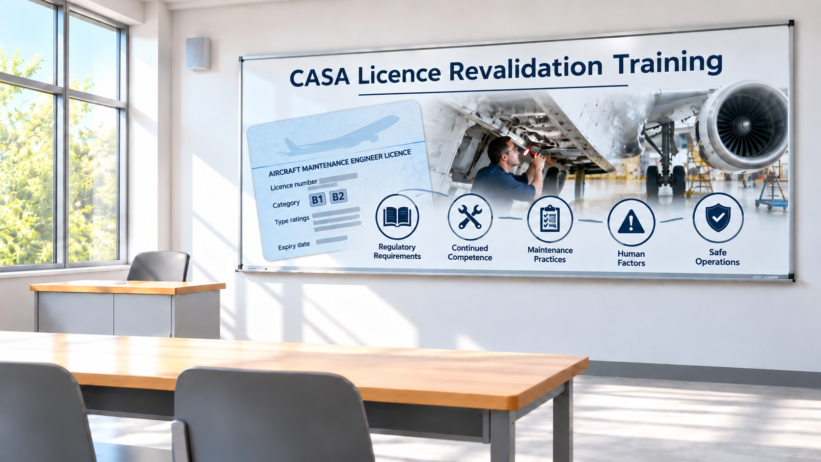 Classroom with large window showing outside greenery, a desk, and a chair. A large banner on the wall reads "CASA Licence Revalidation Training" with a graphic of an aircraft and icons representing regulatory requirements, continued competence, maintenance practices, human factors, and safe operations.