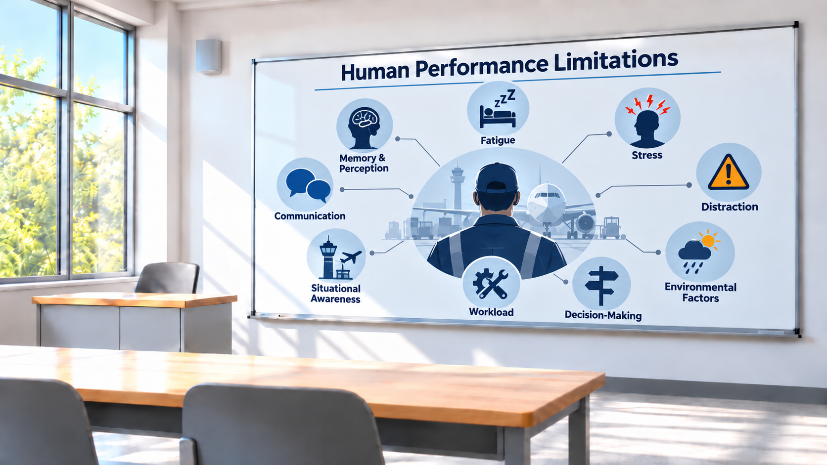 A presentation slide titled 'Human Performance Limitations' inside an airport conference room, illustrating various factors such as memory & perception, fatigue, stress, distraction, environmental factors, workload, decision-making, situational awareness, communication, and others, with icons representing each factor, and a central image of a person at an airport with airplanes and airport infrastructure in the background.