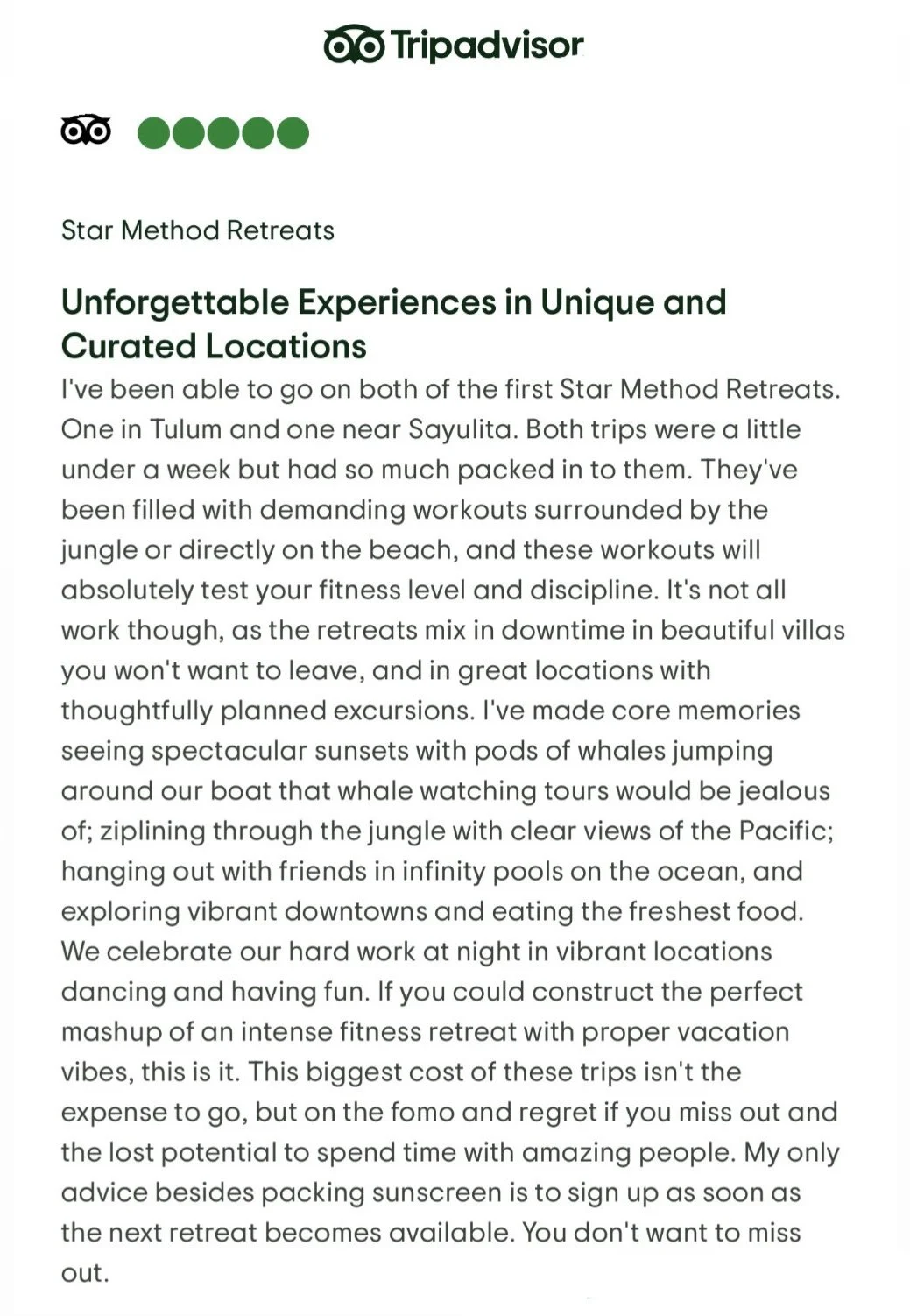 Screenshot of a TripAdvisor review about Star Method Retreats, describing the speaker's experiences at retreats in Tulum and near Sayulita, including activities like workouts, exploring beaches, and nightlife.
