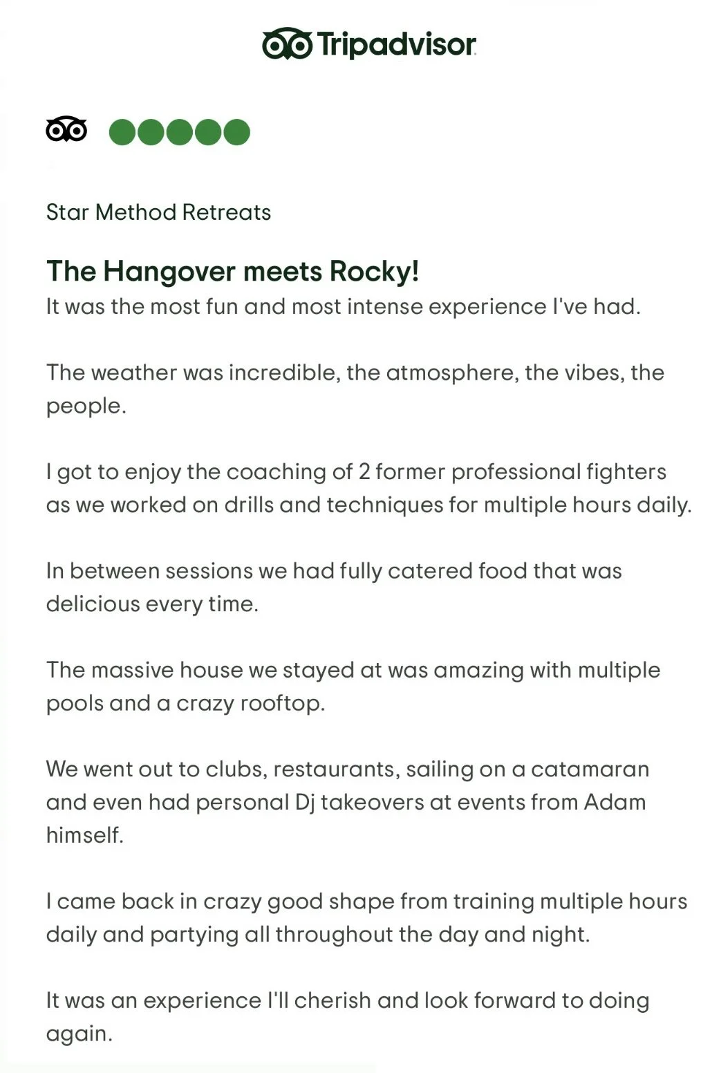 Tripadvisor review page for Star Method Retreats with a title "The Hangover meets Rocky!" and in the top left corner the Tripadvisor logo with green circles and glasses icon.